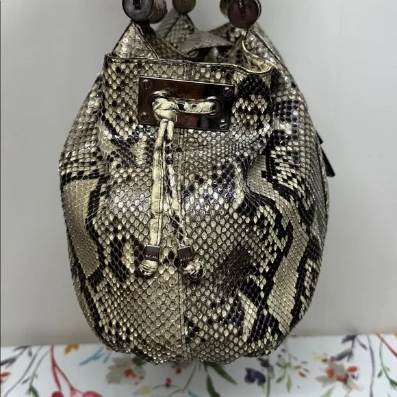 MICHAEL KORS Authentic Natural Brown Python Rehearsal Drawstring Shoulder Bag